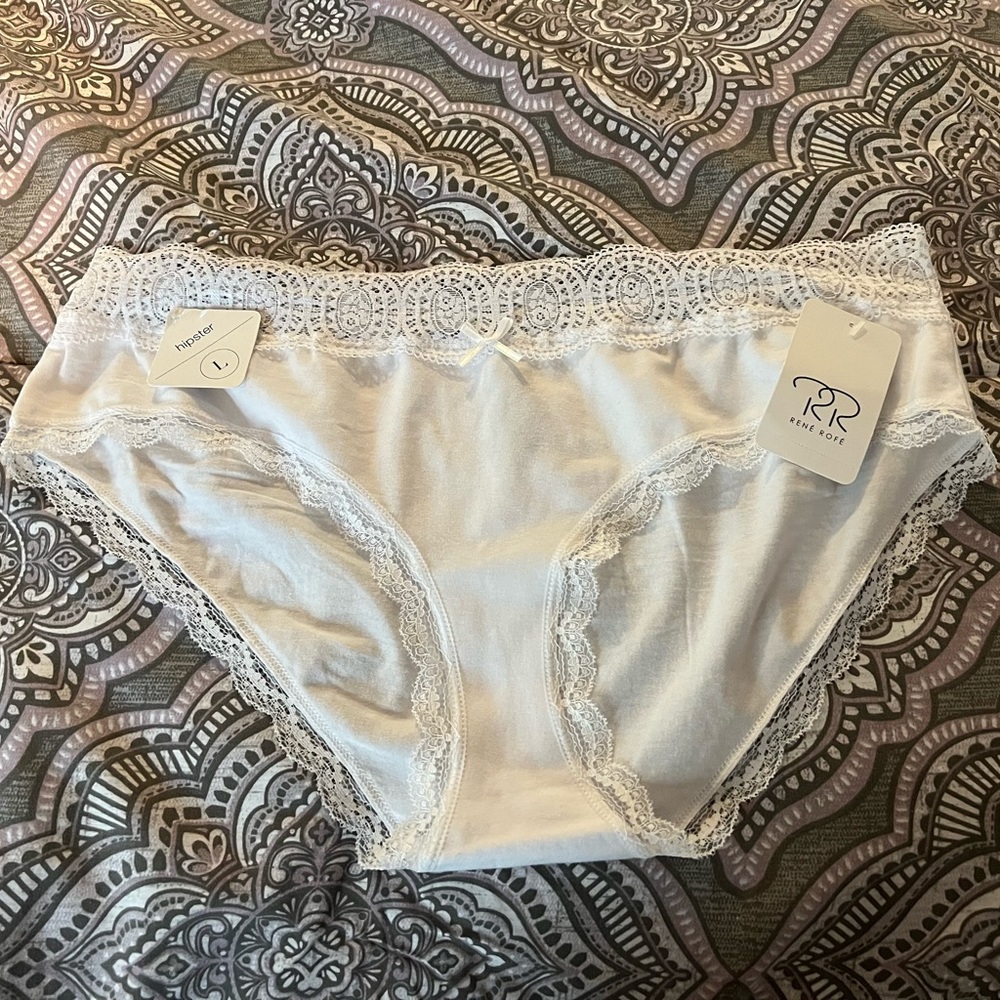 Brand new Rene Rofe white hipster underwear with lace top.